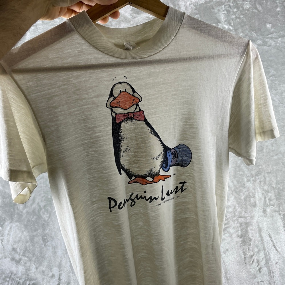 Vintage 80s Paper Thin Hanes T Shirt Mens S White Bloom County Opus Penguin Lust